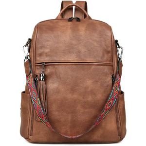 FADEON Leather Backpack Purse for Women Designer Travel Backpack Purses PU Fashion Ladies Shoulder Bag with Tassel Brown