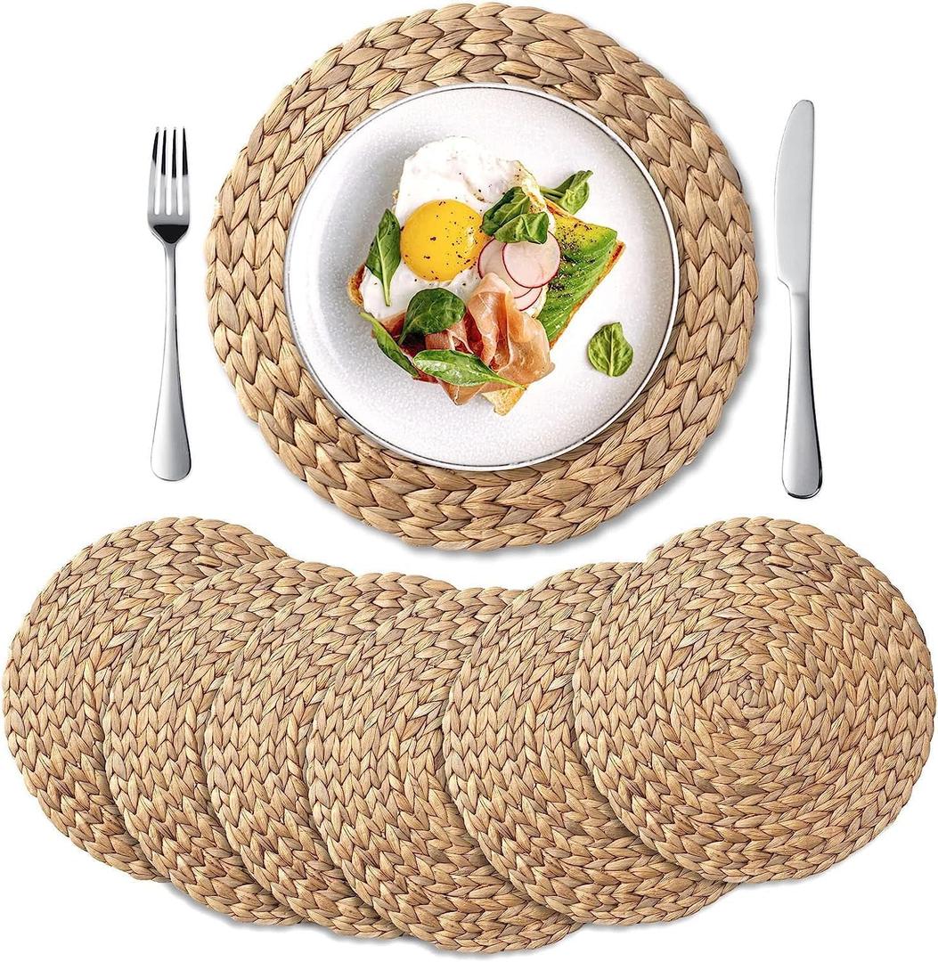 6 Pack, Round Woven Placemats, Natural Water Hyacinth Place mats, Braided Straw Table Mats for Dining Table, Christmas Placemats Set of 6 (15 inch)