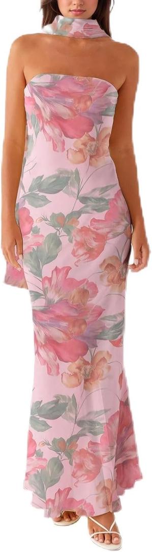 Women Floral Tube Maxi Dress with Scarf Summer Strapless Tube Bodycon Mesh Layer Cocktail Party Wedding Guest Dress, S