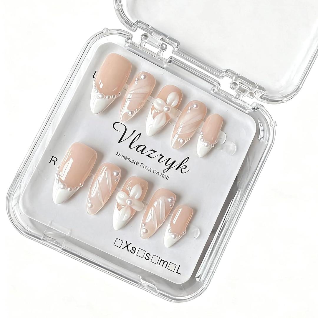 Handmade Press On Nails Short Almond False Nails for Women, Reusable Acrylic White French Tip with Pearl & 3D Flowers Design Salon Quality Fake Nails (M-10PCS
