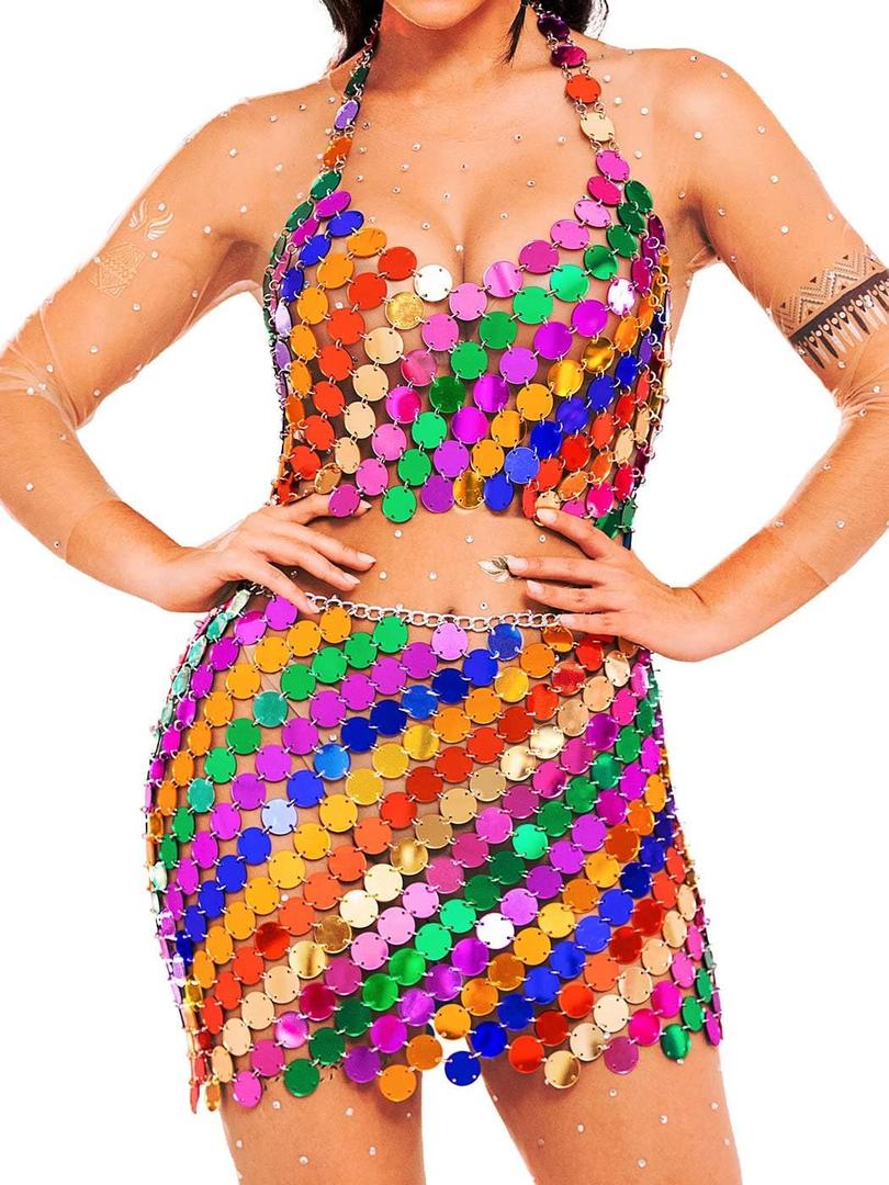 BODIY Rainbow Sequin Tops Skirt Set Rave Outfits for Women