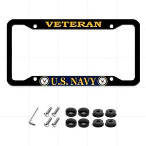 4 Holes License Plate Frame for U.S. Navy Veteran Black Matte Aluminum USN Car Plate Cover Holders with Screw Caps (1 PC)