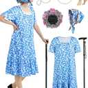 SOMSOC 7 Pieces Women Old Lady Costume with Dress Wig Headscarf Glasses Stockings Cane for Halloween, 100 Days of School