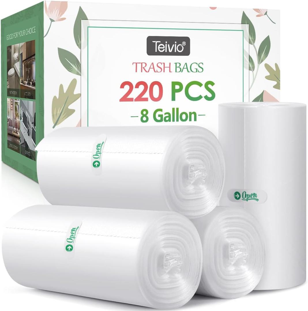 8 Gallon 220 Counts Unscented Medium Trash Bags,Fit 7,8,9,10 Gal Garbage Bags by Teivio, 30 Liter Thick Bathroom Can Bin Liners,Plastic Bags for Home Office Kitchen, Clear