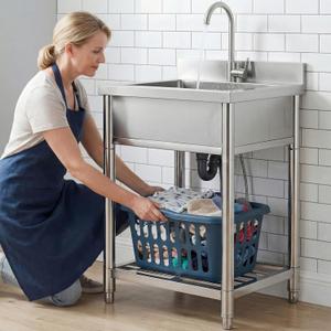 Stainless Steel Commercial Kitchen Sink, Free Standing, Single Bowl Sink Basin with Cold & Hot Water Faucet, Indoor and Outdoor Sink, 21.7 in, Modern Square - Handmade