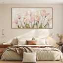 CHDITB Tulip Floral Framed Canvas Wall Art, 20"X40" Watercolor Flower Pink Tulip Textured Oil Painting, Modern Wildflower Wall Decor, Large Pink Floral Artwork for Living Room, Bedroom, Office