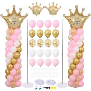 Princess Party Balloon Column Stand Kit 2 Sets,2 Crown Foil Balloons 140 Latex Balloons with Adjustable Stands for Baby Shower Birthday Party Supplies