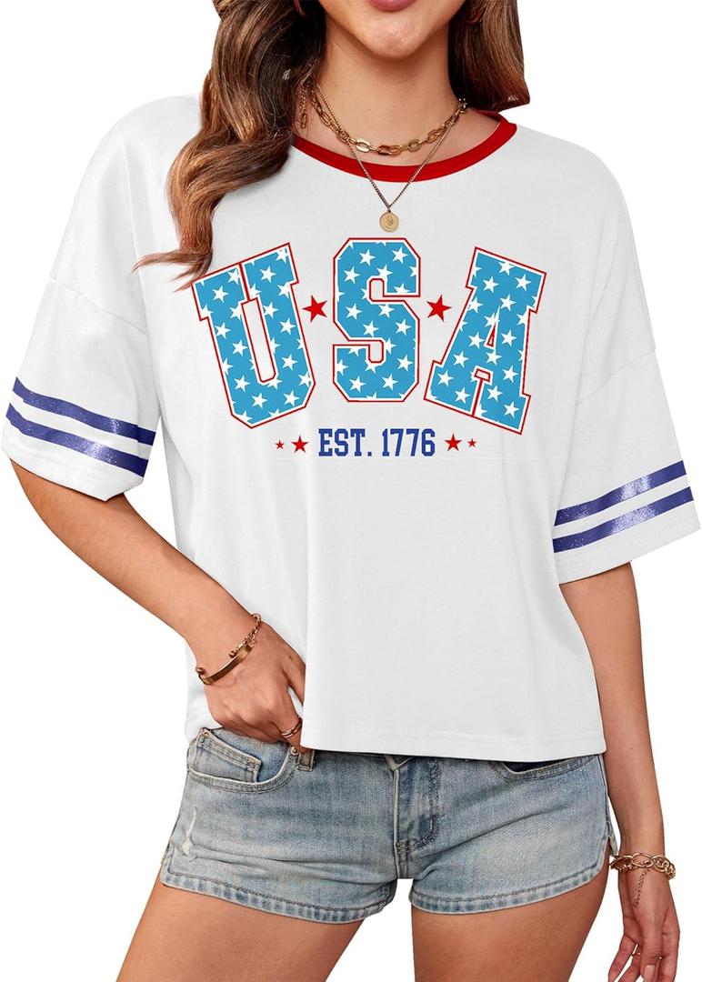 For G and PL Womens 4th of July Patriotic Cropped Short Sleeves T Shirt Crewneck Cute American Flag Tops (Usa Foam Printing), Size: XL
