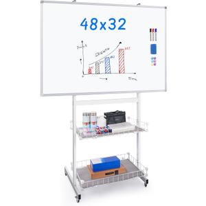 maxtek Rolling Whiteboard, 48x32 Large Magnetic White Board with Stands, Big White Board Dry Erase on Wheels with Baskets for Classroom, Office, Homeschool, Home Office
