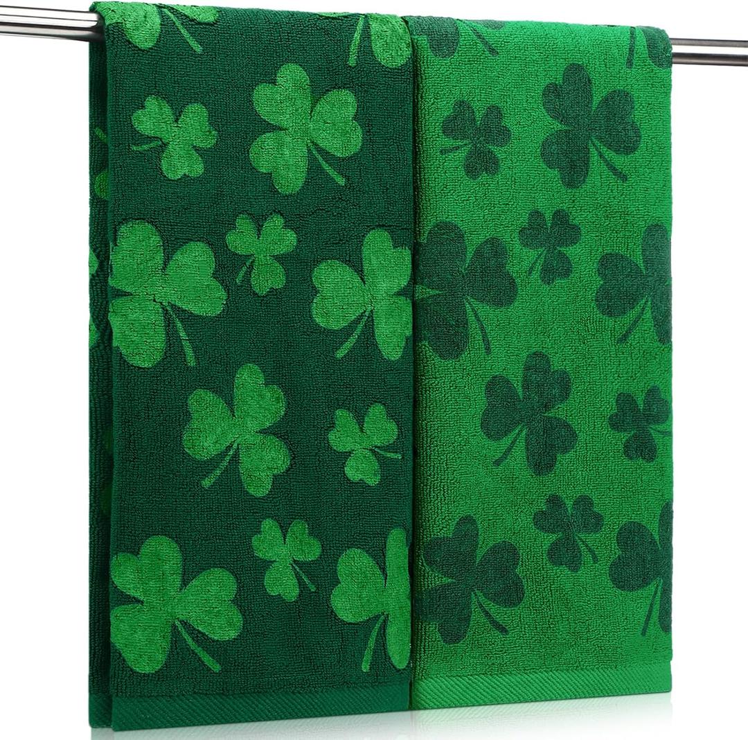 Preboun 2 Pcs St Patrick's Day Hand Towels Shamrock Green Bathroom Towels Cotton Soft Absorbent Bathroom Kitchen Decoration for Drying, Cleaning, Cooking, 13.7 x 29.5inch