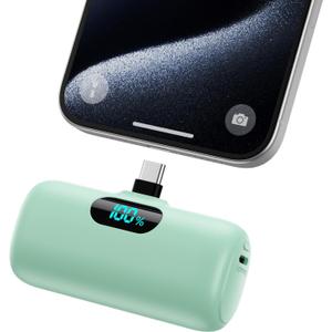 Mini Portable Charger USB C Power Bank,Upgraded 5000mAh PD Fast Charging Battery Pack Built-in USB-C Connector Travel Essential for iPhone17/17Pro/17Pro Max/Air/16 Plus/16Pro Max/15 Series,Android etc (Light Green)