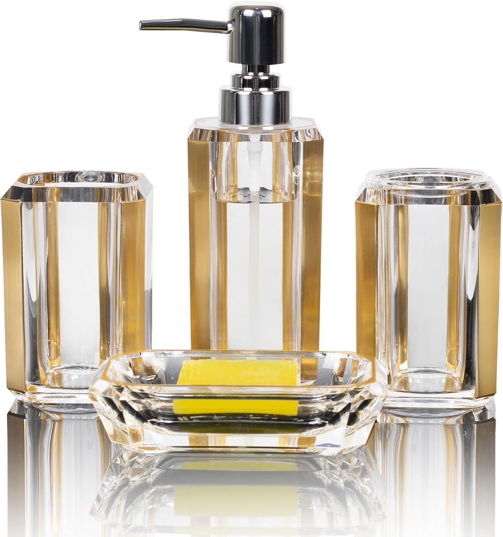 4-Piece Gold Bathroom Accessories Set  Soap Dispenser, Soap Dish, Mouthwash Cup & Toothbrush Holder, Acrylic with Brushed Gold Accent, Luxury Bathroom Vanity Countertop Organizer for Home