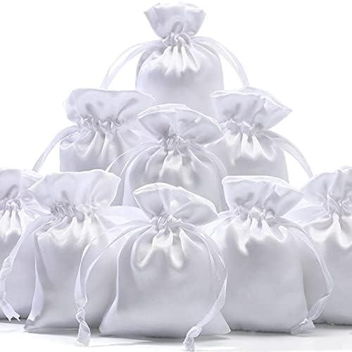 Shappy 50 Pieces 3 x 4 Satin Bags with Drawstring Gift Pouch Mini Jewelry Small Wedding Favor Bags Smooth Soft Satin Fabric Candy Pouches for Baby Shower Decoration(White)