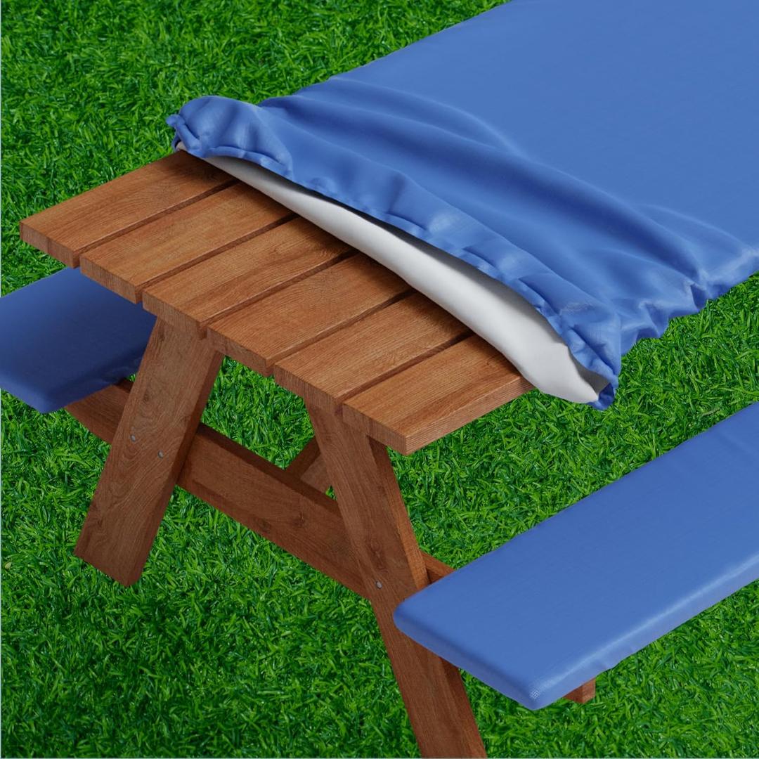 Sorfey Picnic Table Cover with Bench Covers -Fitted with Elastic, Vinyl with Flannel Back, Fits for Table 30"x 60" Rectangle,Water Proof, Solid Blue Design