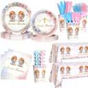 AIBIIN 194 Pcs Boho Nuestro Bautizo Baptism Party Decorations Supplies Twins First Holy Communion Party Decorations God Bless Disposable Tableware Set with Plates Napkins and Tablecloth Serves 24