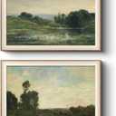 VIYYIEA Framed Vintage Landscape Wall Art Set of 2, Classical Nature Scene Canvas Painting Print, Rustic Home Decor for Living Room and Bedroom, 16x20 Inch (The riverbank at dusk)
