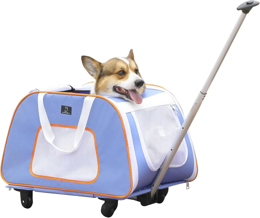 A4 Pet Pet Carrier with Wheels,Foldable Dog Carrier on Wheels for Medium Dogs Up to 33 LBS with Removable Base,Extendable Handle & 4-Wheels Design,Mesh Ventilation Windows and Safety Rope, Blue