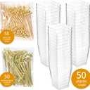 Zezzxu 50 Sets 5 oz Plastic Charcuterie Cups with 100 Sticks, Square Appetizer Cups with Cocktail Picks Mini Party Serving Cups for Fruit, Snack, Dessert