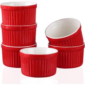 YAZYLIFE Ramekins 4oz, Creme Brulee Ramekins and Souffle Dishes, Porcelain Oven Safe Baking Bowls, Pudding Cups, Dipping bowl, Set of 6, Red