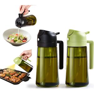 Olive Oil Dispenser Bottle, 16oz/470ml Oil Sprayer for Cooking, 2 in 1 Glass Oil Spray Bottle Spray and Pour for Kitchen, Salad, Air Fryer, BBQ(Black & Green-2PCS)