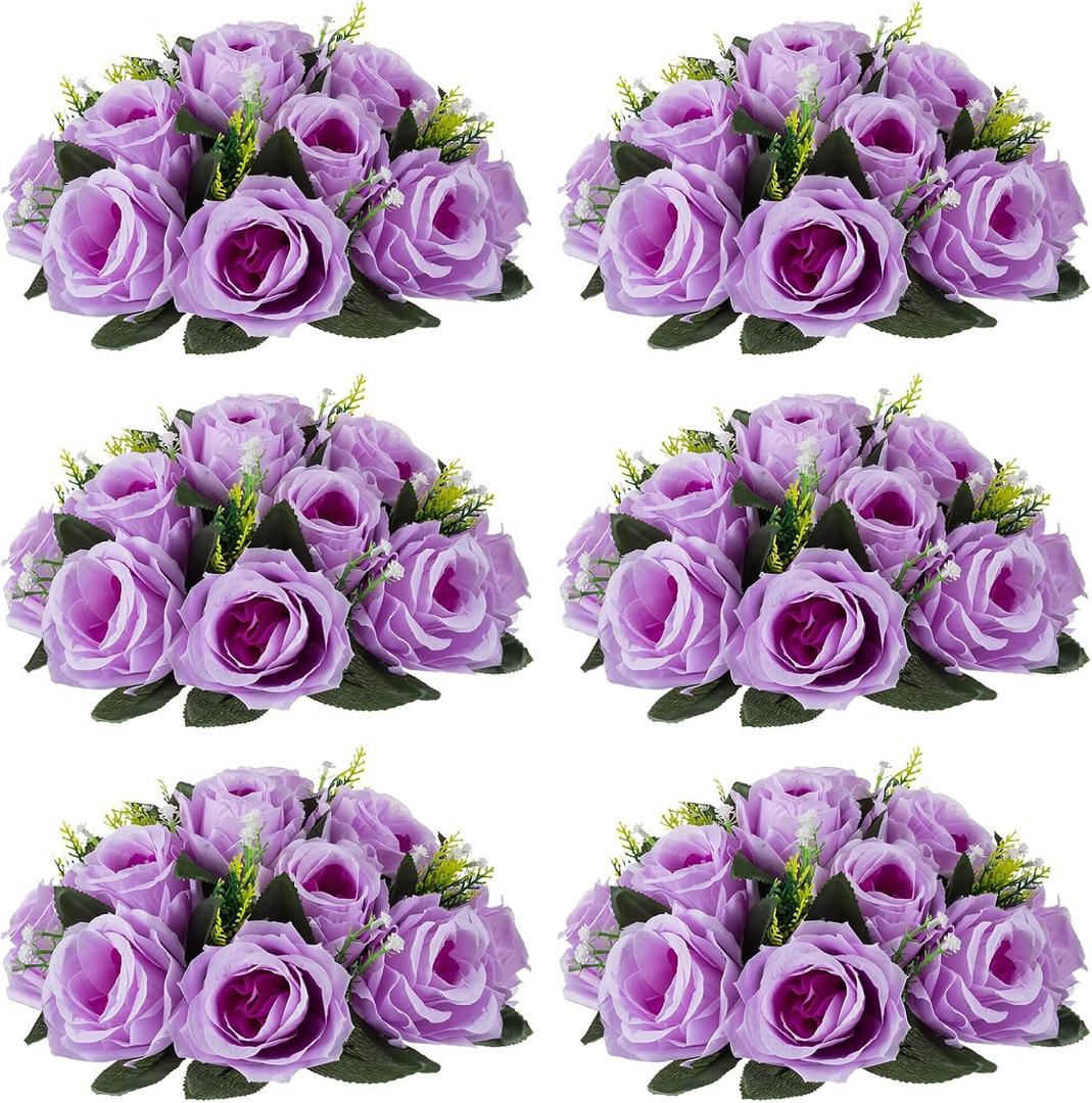 NUPTIO Artificial Flower Centrepieces for Tables - 6 Pcs Lilac Fake Flowers Roses Balls 9.5in Diameter - Silk Faux Rose Arrangement for Wedding Party Centerpiece Table Decor