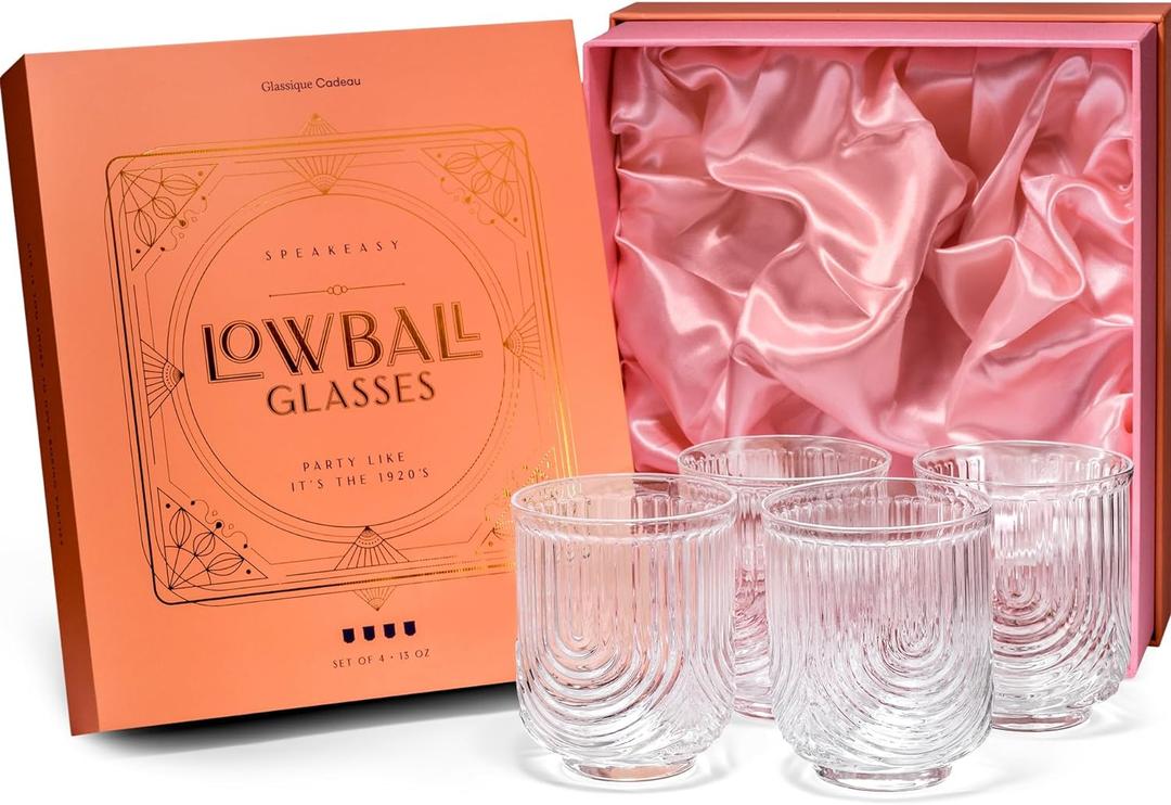 GLASSIQUE CADEAU Vintage Art Deco Lowball Gatsby Cocktail Glasses | Set of 4 | 13 oz Double Old Fashioned Tumblers for Drinking Classic Whiskey, Gin, Vodka Bar Drinks | Round Short Glassware