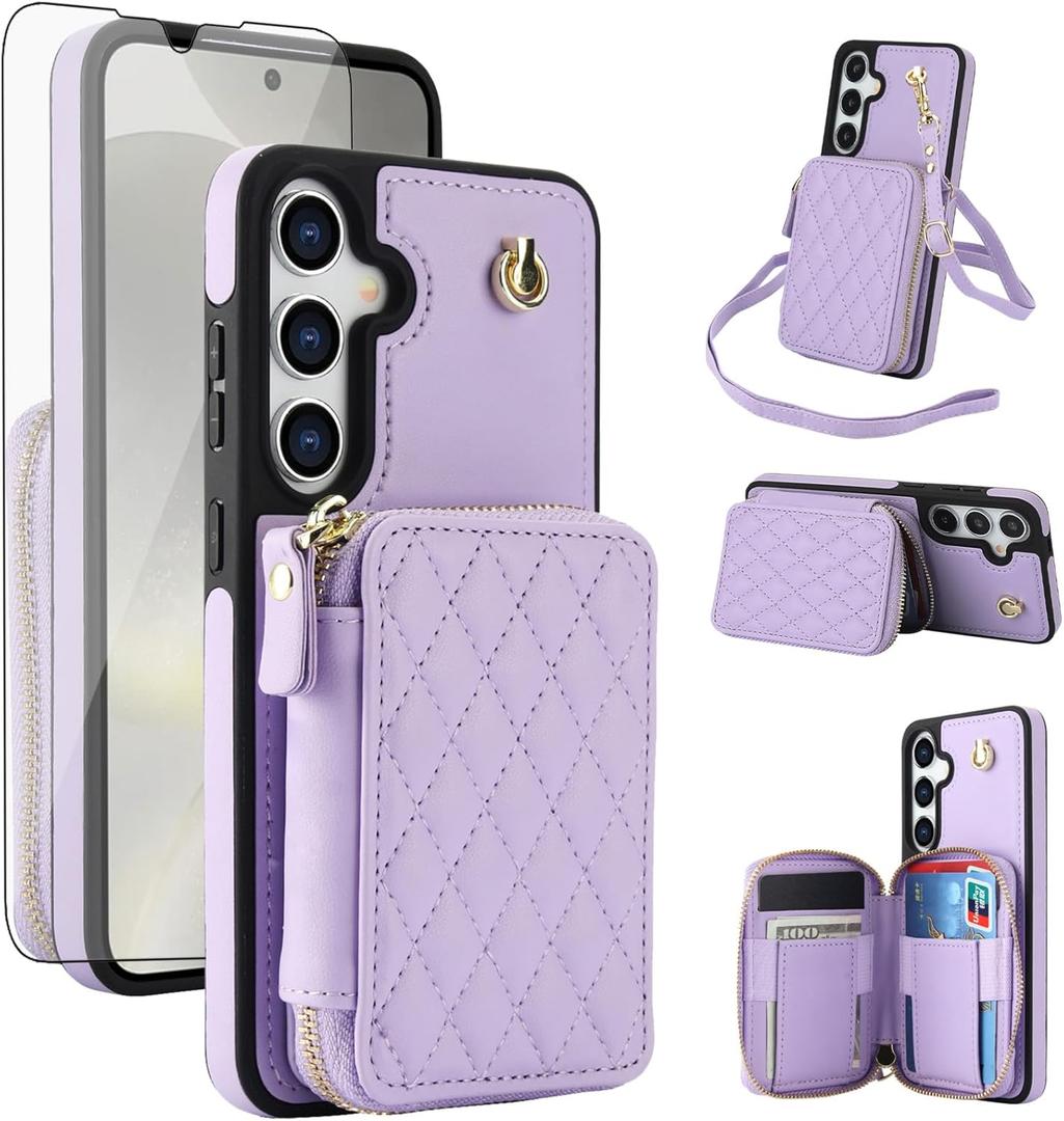 Phone Case for Samsung Galaxy S25 Plus S25+ 5G Wallet Cell Cover with Tempered Glass Screen Protector Wrist Crossbody Strap RFID Blocking Card Holder S25Plus 25S + S 25 25+ SM-S936U Women Girls Purple