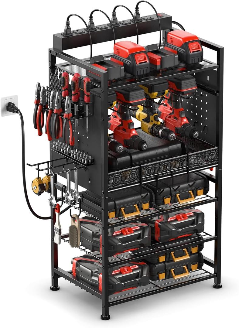 JUNNUJ Power Tool Organizer Floor Stand with Charging Station, Garage Adjustable Storage Rack Utility Tool Shelf with 8 Outlet Power Strip, Heavy Duty Drill and Battery Holder, Black (6 FT Power Cord)