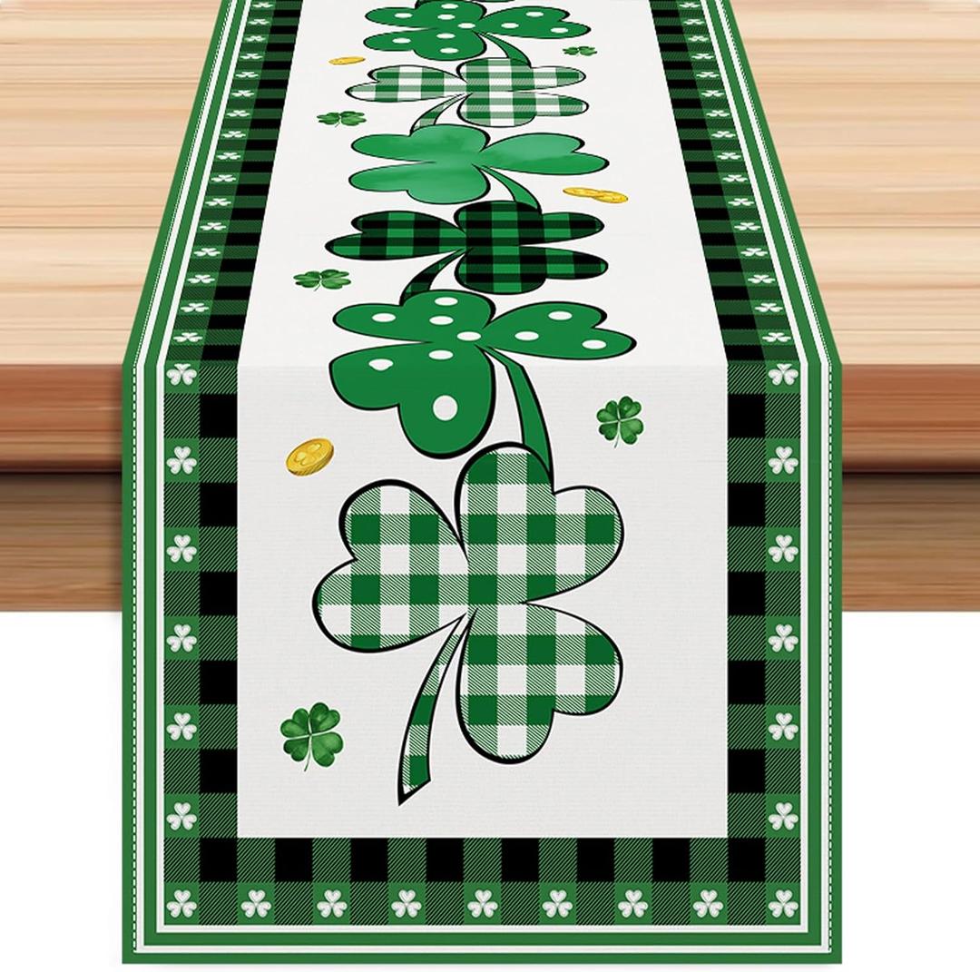 3 x St Patrick's Day Green Lucky Shamrock Clover Table Runner, 13*72 inch | Seasonal Spring Holiday Plaid Farmhouse Kitchen Dining Table Decoration for Indoor Outdoor Home Party Decor