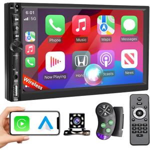 Upgrade Wireless 7 inch Double Din Car Stereo Apple Carplay & Android Auto, Bluetooth 5.0 car Stereo with 8-LED Waterproof Backup Camera, IPS Touchscreen, TF Card Slot, USB, AUX