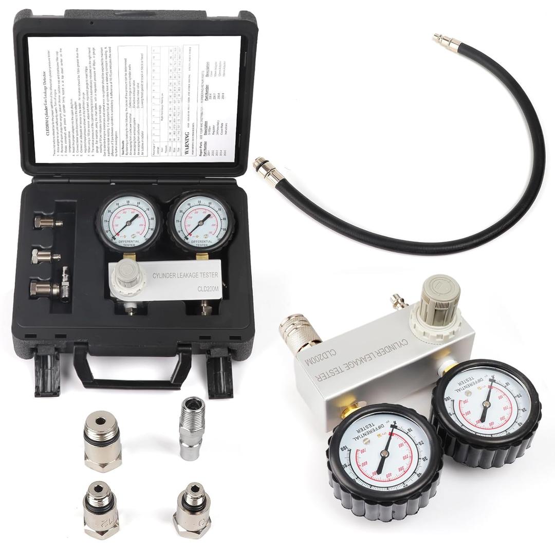 Cylinder Leak Down Tester Kit, Dual-Gauge 0-100PSI/700kPa CLD200M Cylinder Gas Leakage Detector 10-18mm Spark Plugs Gas Engine Diagnostic Tool, Black