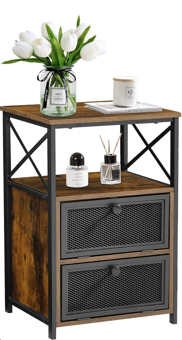 VECELO Modern Night Stand, End Side Table with Storage Space and Door, Nightstands with Flip Drawers for Living Room,Bedroom,Lounge, Brown
