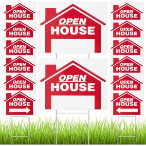 14 Pack Open House Sign for Real Estate 24 x 18 Inch Double Sided Sign Posts Plastic Heavy Duty Directional Yard Mark with Left Right Arrows 14 Pcs H Metal Stakes(Red)