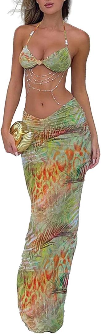 Women's Two Piece Maxi Skirt Sets Summer Beach Sexy Ruched Backless Pearls Chain Decor Crop Top and Cut Out Skirt (Dark Green)