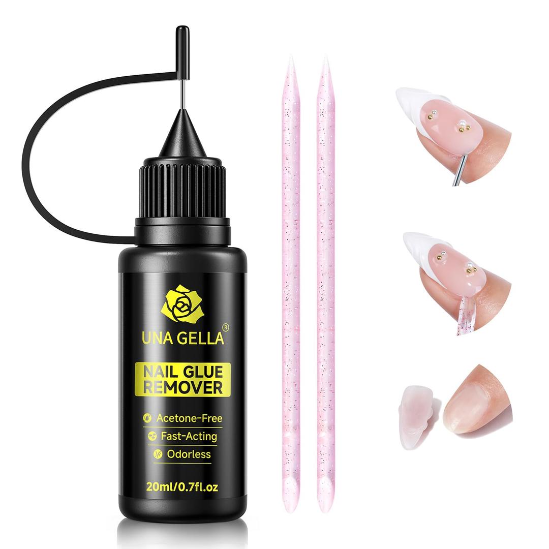 UNA GELLA Nail Glue Remover for Press on Nails20ml Pinpoint Non-Acetone Gel Nail Glue Remover for Nails TipsGentle GLUE Remover with Upgraded Stick Easy Removal DIY Manicure Supply