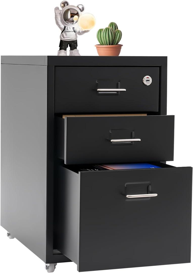 Vertical File Cabinet, 3-Drawer Metal Mobile File Cabinet with Lock, 11 * 16 * 18.3In Filing Cabinet Under Desk with Tag Jacks for Home Office (Black)