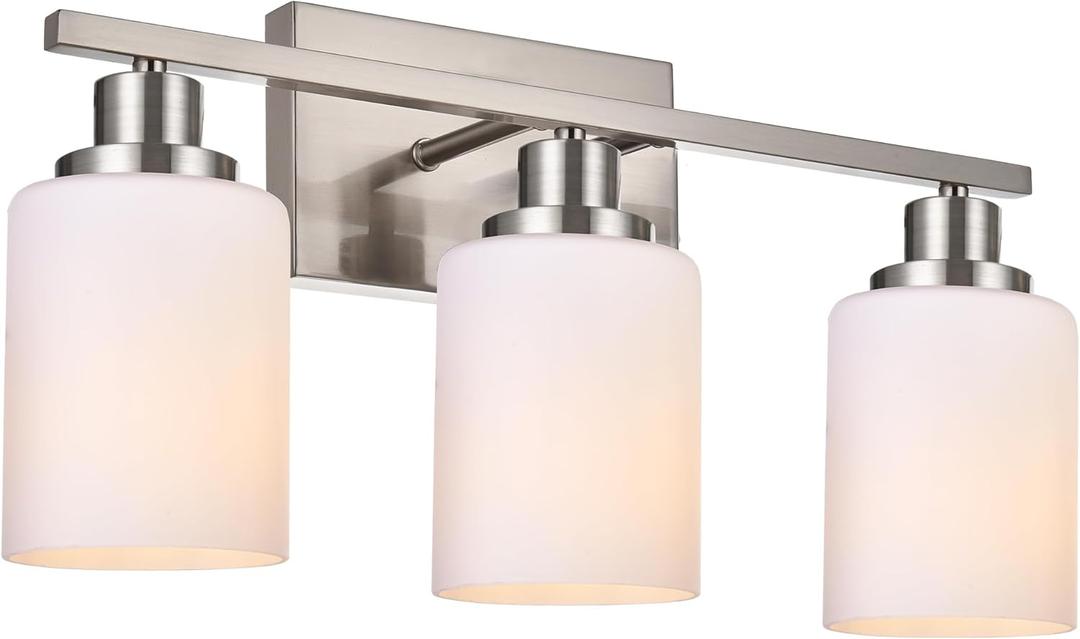 3-Light Bathroom Vanity Light Brushed Nickel Bathroom Lighting Fixtures Over Mirror with Opal White Glass Shade, Polished Nickel Finish Vanity Wall Sconces Fixtures for Bedroom Living Room
