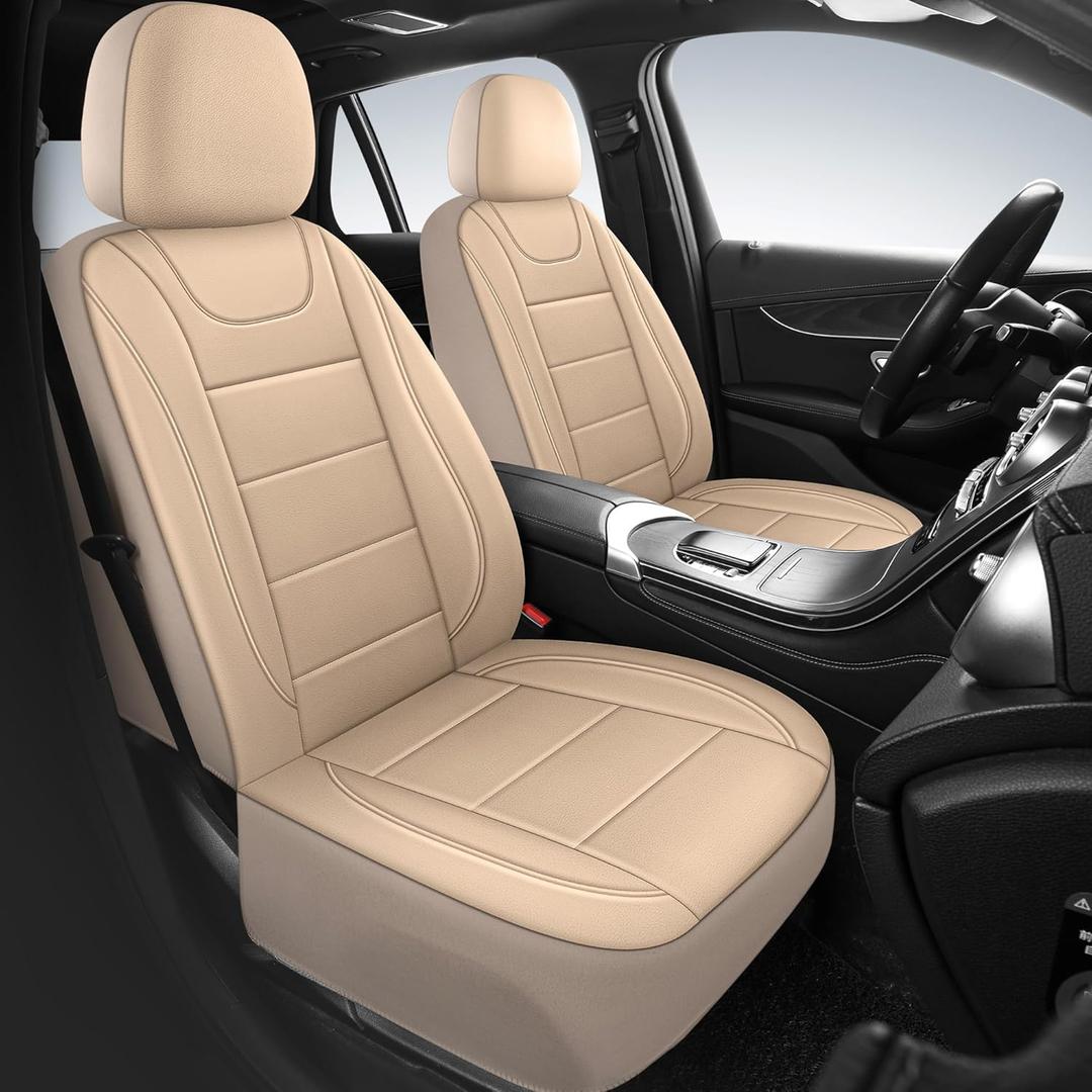HChengkikz Car Seat Covers, Quilting Leather Seat Cover Two Front Seats, Waterproof Faux Leather Automotive Seat Covers for Cars, Universal Car Interior Fit for Suvs, Trucks, Airbag Compatible (2PCS) (N4 Beige)