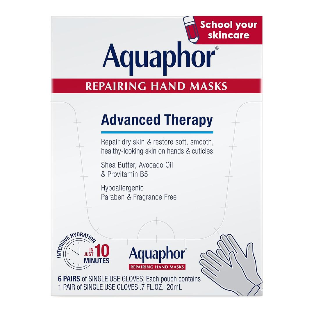 Aquaphor Repairing Hand Masks, Moisturizing Gloves for Dry Hands, Moisturizer for Dry Skin with Avocado Oil and Shea Butter, Pack of 6