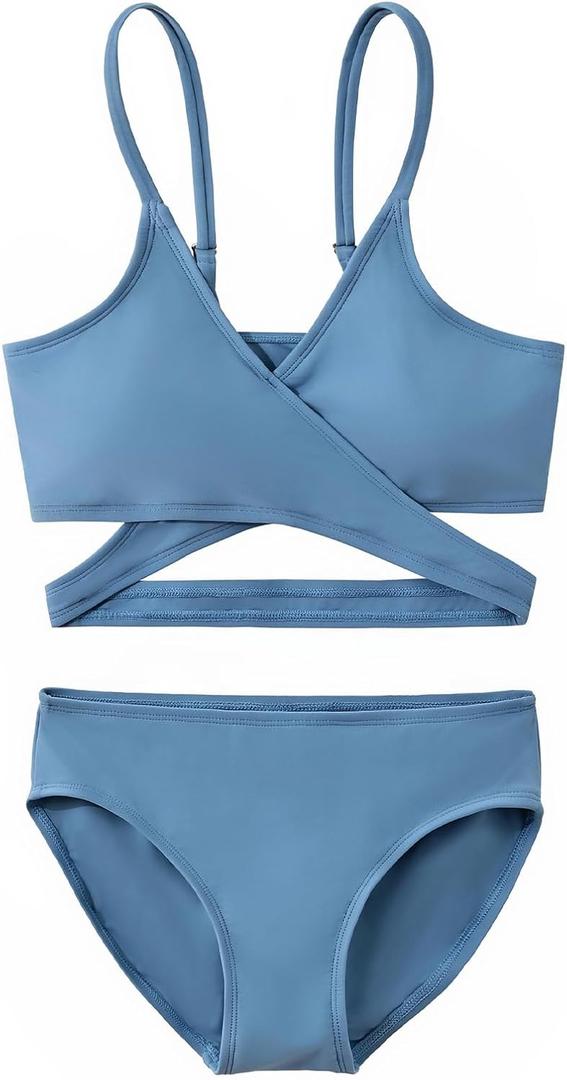 karrack Teen Girls' Swimsuits Two-Piece V-Neck Bikini Adjustable Shoulder Straps Swimsuit Kids Bikini Set, 12-14