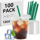 12 oz Clear Plastic Cups with Lids and Straws 100 Set - Extra Thick Plastic Iced Coffee Cups Bulk, Sturdy & Food Safe Dispoasble To Go Cups with Lids for Party Birthday Event Bar Juicer