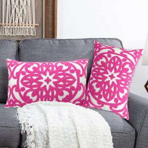 Alysheer Embroidered Lumbar Decorative Throw Pillow Covers 12"x 20" Count of 1, Classic Boho Mandala Embroidery Pattern Cotton Rectangular Cushion Case for Sofa Couch Bed Living Room(Bright Hot Pink)