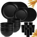 Klickpick Home 32 Pieces wheatstraw Dinnerware Set with 8 Each of Dinner Plates Desert Plates Cereal Salad Bowls Cups Unbreakable Modern Dinner Set for Microwave Dishwasher Safe Reusable Black