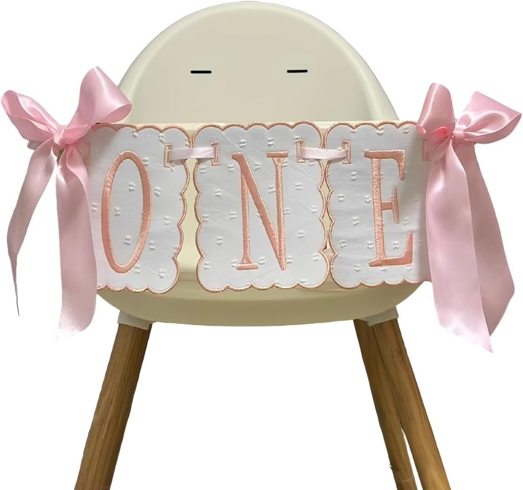 Pink Bow ONE High Chair Banner for Sweet One Bow Girl First Birthday Photo Props Party Decorations