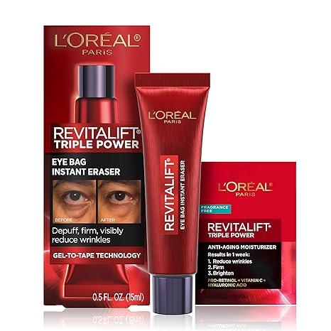 L'Oreal Paris Revitalift Triple Power Eye Bag Instant Eraser, Eye Tightener Treatment to Firm Bags, 0.5 oz + Sample