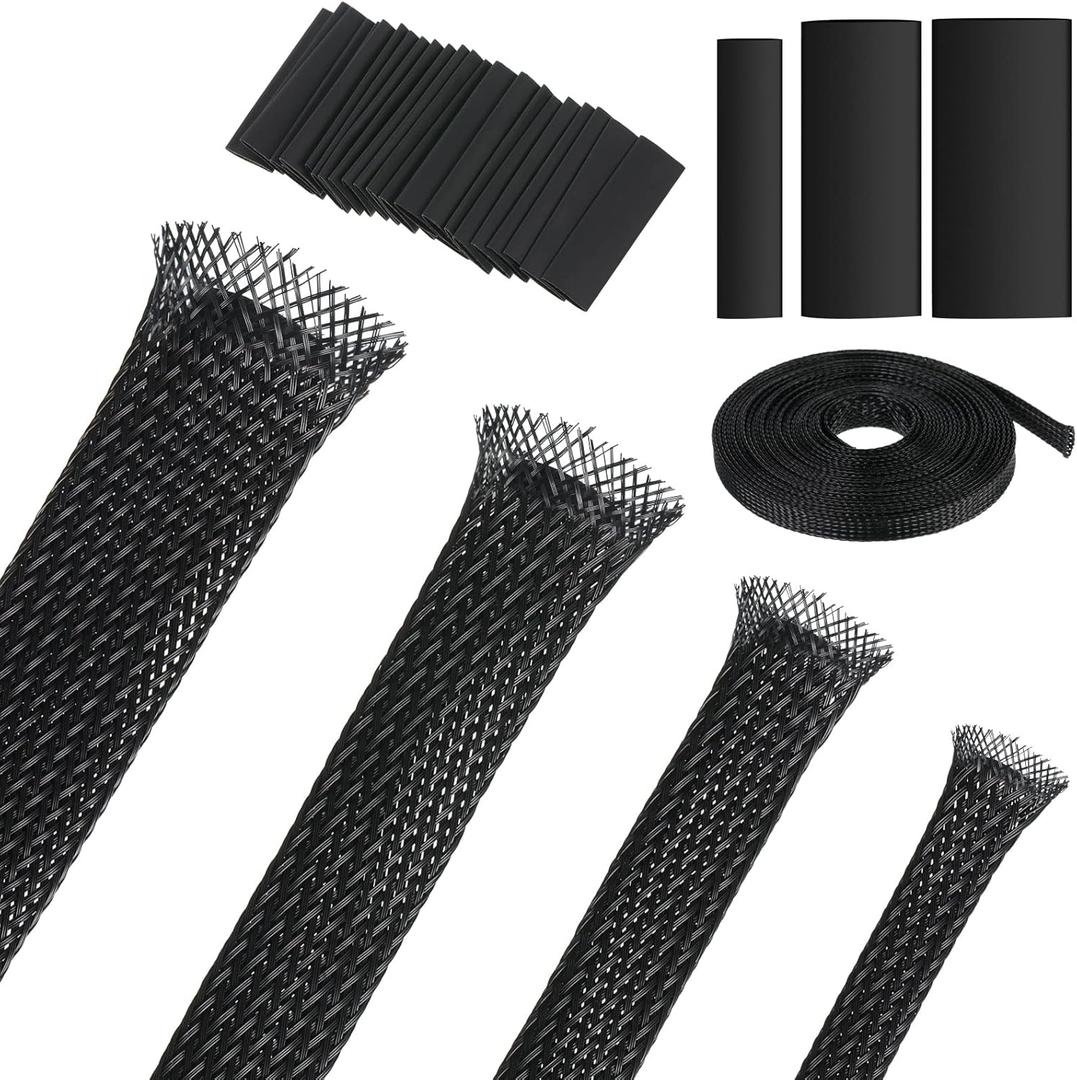 Tatuo 65.6 ft Expandable Braided Cable Sleeve Multi Size Braided Wire Sleeve with 120 Pcs Heat Shrink Tubing for Television Audio Computer Cables Video Pets, 1/4 in, 2/5 in, 1/2 in, 3/4 in(Black)