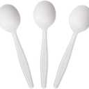 Eco-Friendly 6" Disposable Soup Spoons - 50 Pack Heavy Duty Disposable Silverware, Extra-Length Cornstarch Serving Spoons for Hot Soup, Ice Cream, Chili, Parties (Ivory)