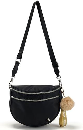 Pander Crossbody Bum Bag for Women, Everyday Nylon Shoulder Bag with Pompom Keychain Wristlet Bag Charm, Adjustable Strap