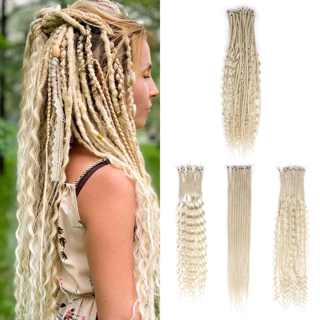 24in Single Ended 3 in 1 Dreadlock Extensions, 30pcs Blonde Mixed Dreads Extensions Set SE Dreads with Curly Dreadlocks for White Women