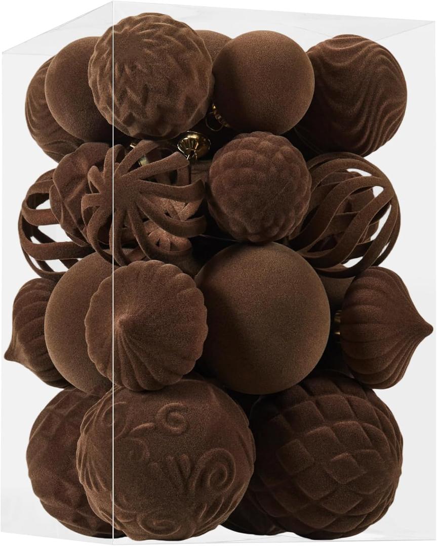 30pcs Velvet Christmas Ball Ornaments, Flocked Shatterproof Christmas Ornaments Hanging Xmas Tree Decorations Set for Home Party Holiday Decor (Multi-Size, Brown)